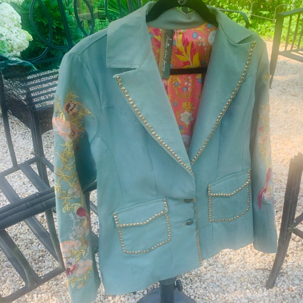 Denim blazer with floral embroidery. studded detail Aratta